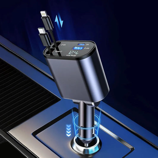 120W Fast Car Charger  with 80CM Retractable Type-C & 30-pin Port Cables – Simultaneous Charging for 4 Devices – Universal Car Mobile Charger for All Smartphones & Tablets